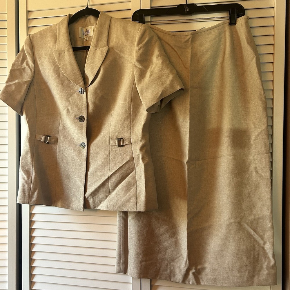 Vintage 2 PC. Le Suit Petites Lined Short Sleeve Jacket Midi Skirt Beige Tan 12